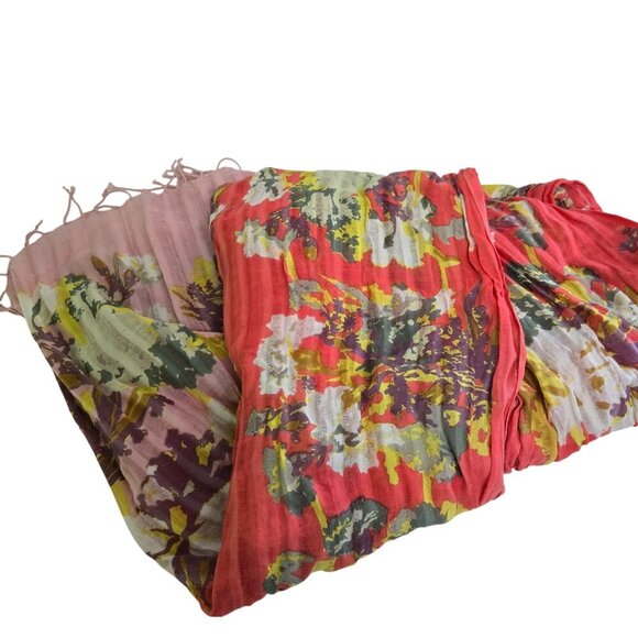Épice Paris Sustainable Cotton Stole Pink Coral Floral Fringe Size 71"x26" - Picture 1 of 5